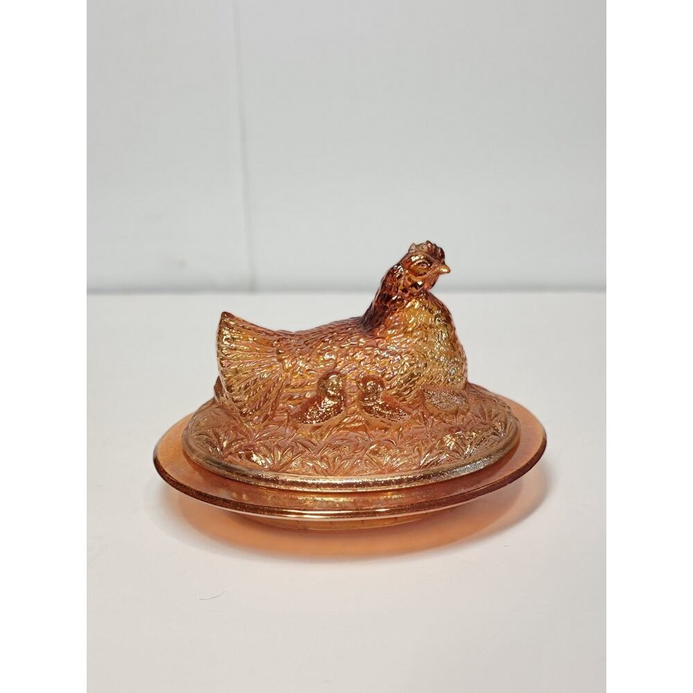 Sowerby Carnival Glass Hen on Nest Covered Dish Marigold England As Is - Picture 3 of 7
